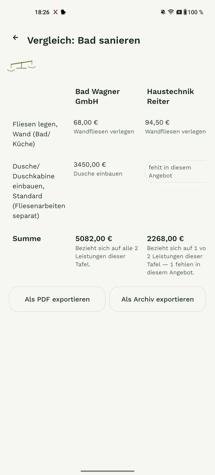 Angebotsprüfer: Vergleich zweier Angebote, eine Leistung fehlt im zweiten