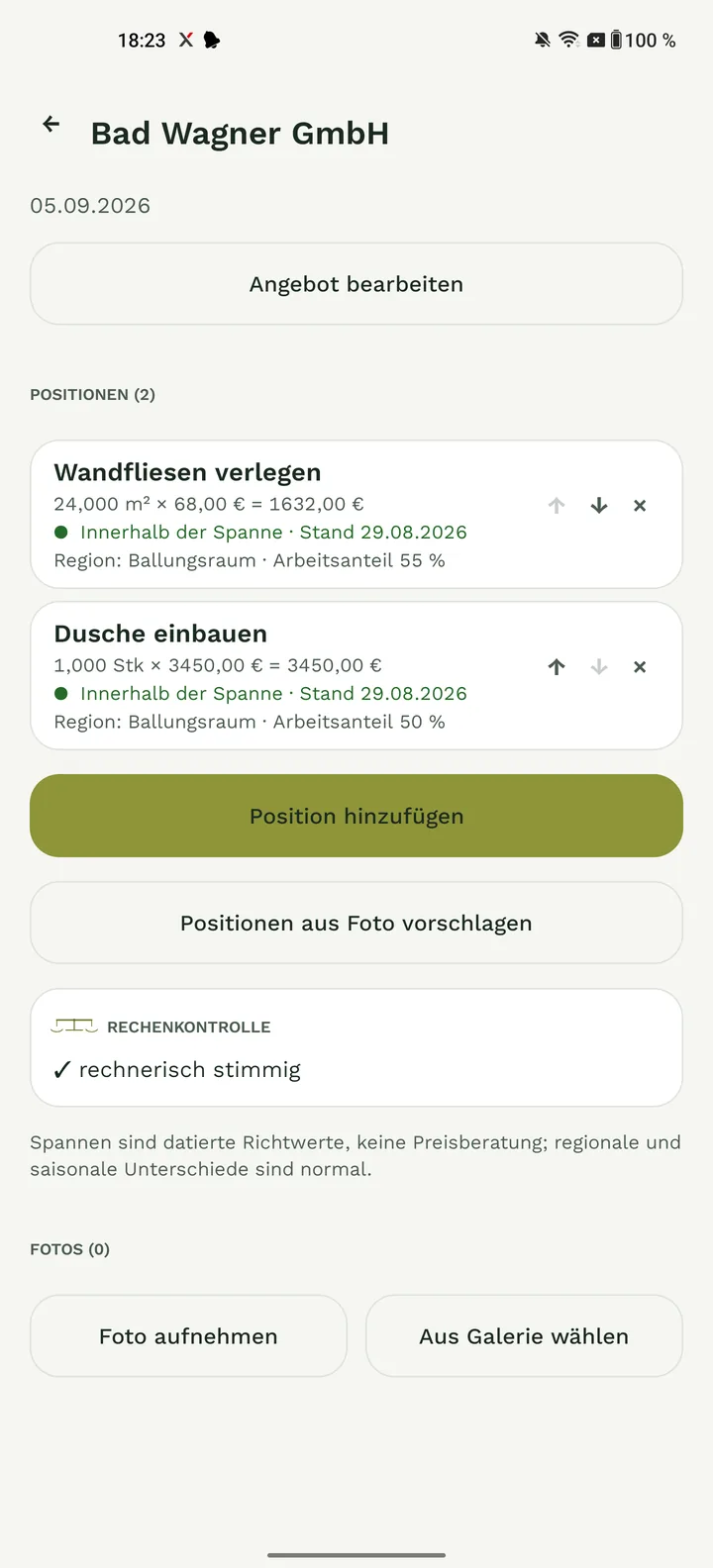 Angebotsprüfer: Angebot mit Positionen, Spannenurteil und Rechenkontrolle