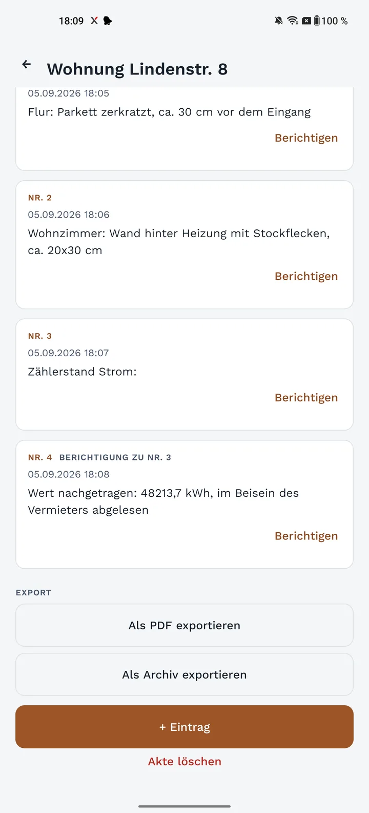 Beweisakte: Einträge der Kette, darunter eine Berichtigung zu einem früheren Eintrag