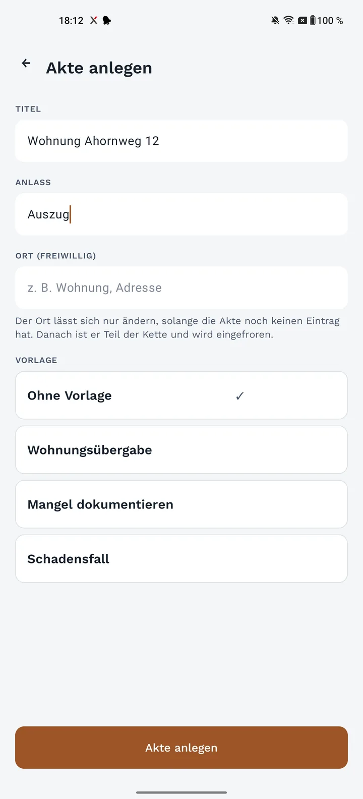 Beweisakte: neue Akte mit Titel, Anlass und Vorlage anlegen