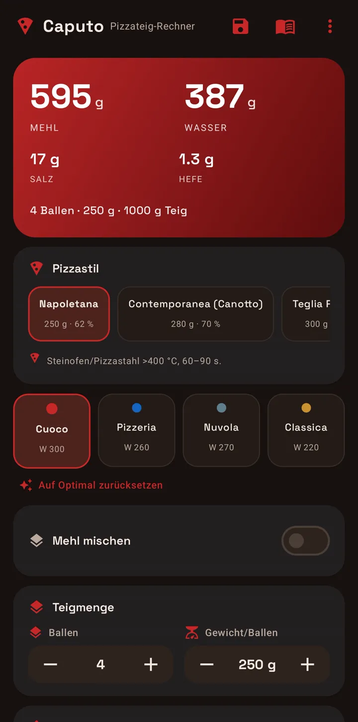 Caputo Rechner: berechnete Zutaten für den Teig