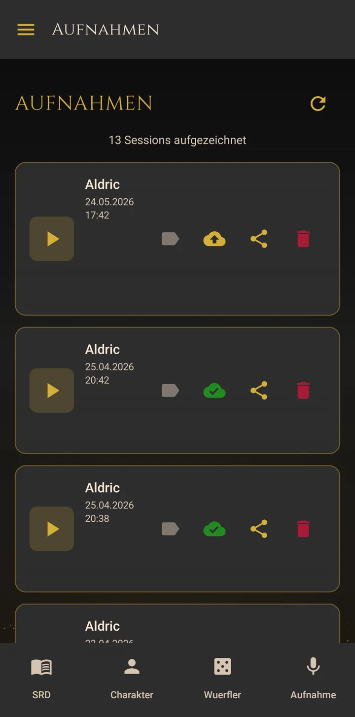 DND Recorder: Liste der Aufnahmen