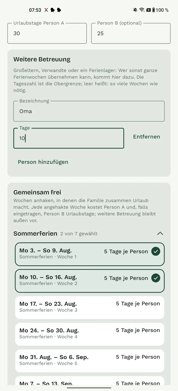 Ferienlücke: Karte „Weitere Betreuung