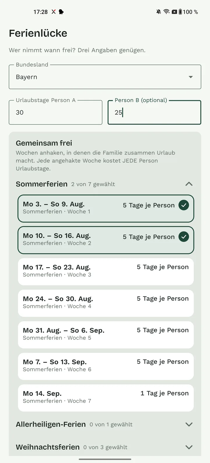 Ferienlücke: Ferienwochen einzeln anhaken, Abschnitte auf- und zuklappbar