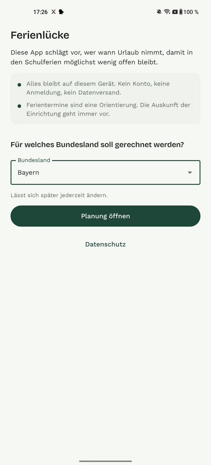 Ferienlücke: Begrüßung beim ersten Start mit Auswahl des Bundeslandes