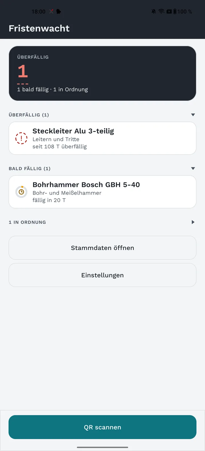 Fristenwacht: Fälligkeitsübersicht mit überfälliger, bald fälliger und geprüfter Anlage