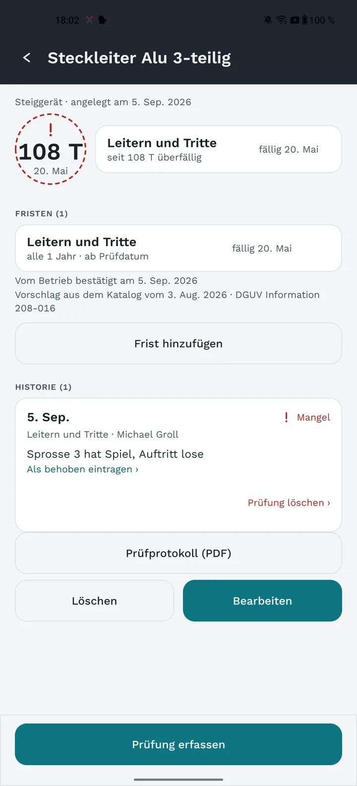 Fristenwacht: Gerätedetail mit Restlaufring, Frist und Prüfhistorie