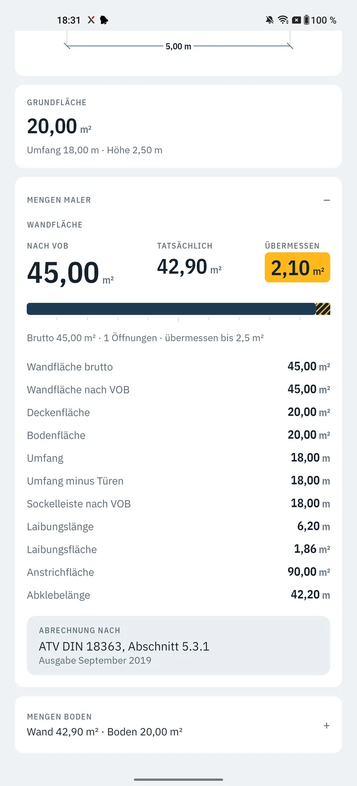 MaßPlus: Mengen nach VOB mit Übermessen-Ausweis und Positionsliste je Gewerk