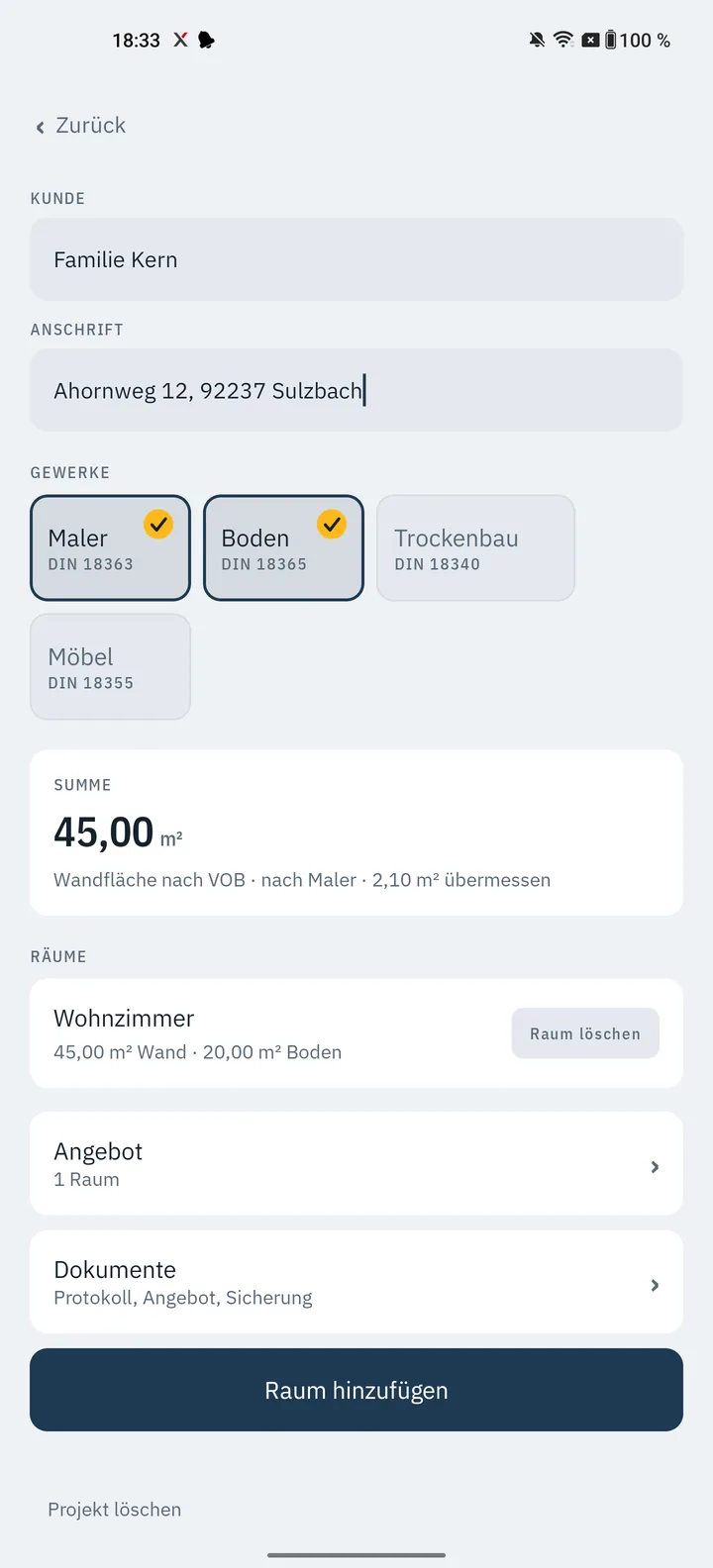 MaßPlus: Projekträume mit mehreren Gewerken und Wandfläche-Summenkarte