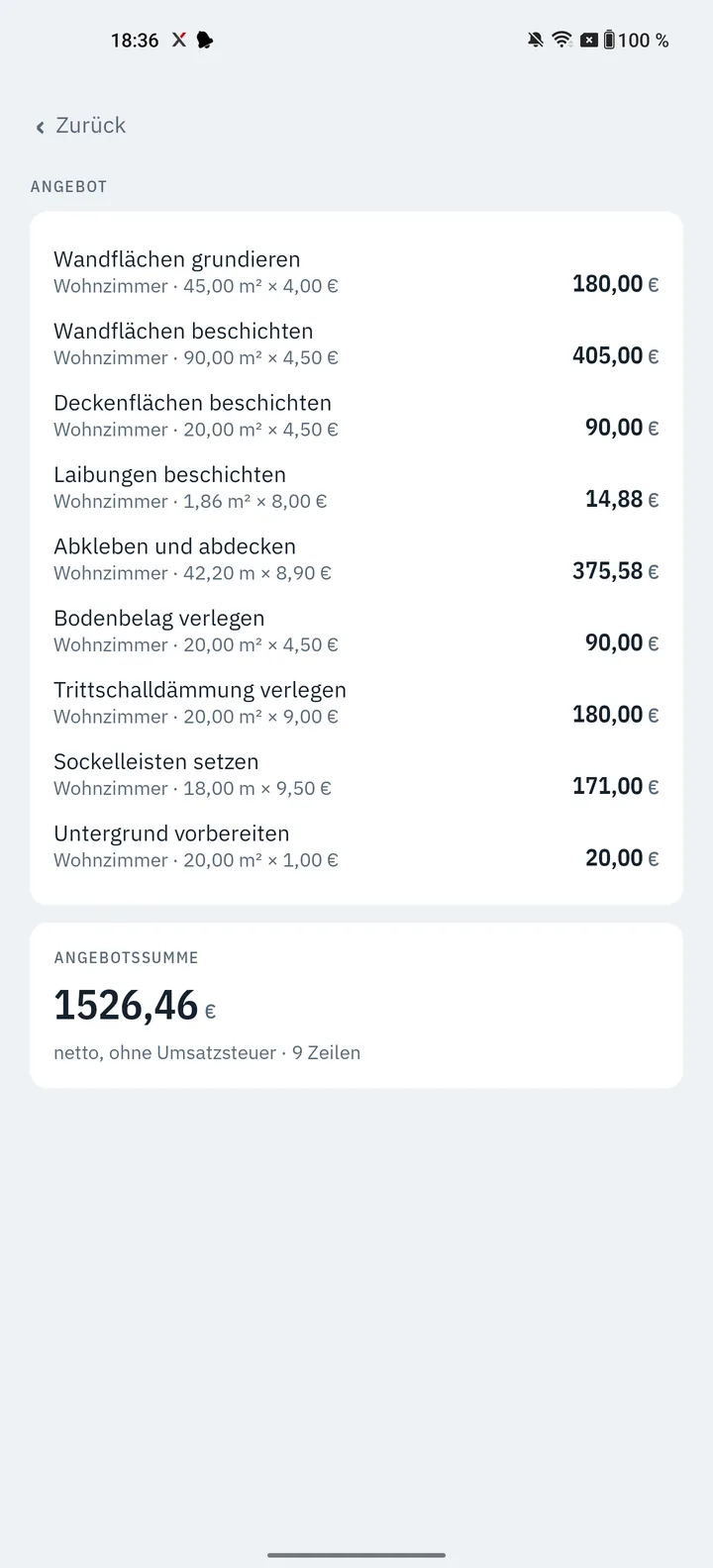 MaßPlus: fertiges Angebot mit Positionen, Mengen und Nettosumme